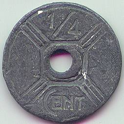 Французский Индокитай 1/4 цента 1941 lead counterfeit монета, аверс