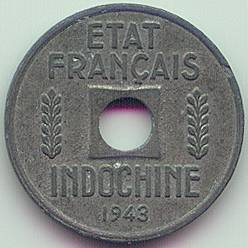 Французский Индокитай 1/4 цента 1943 цинк монета, реверс